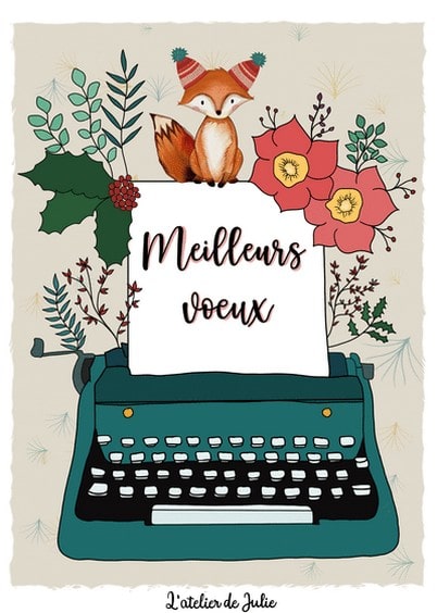 Cartes postales de Voeux de fin d'année : Petit renard - Meilleurs voeux à la machine à écrire